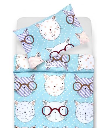 Bērnu katūna gultas veļa SMART CATS 10-0617-LIGHT BLUE 100x145, 40x60, 107x150 cm