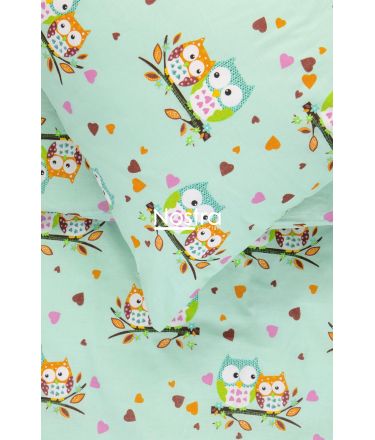 Bērnu katūna gultas veļa OWLS IN LOVE 10-0428-MINT 100x145, 40x60, 107x150 cm