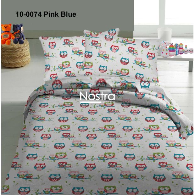 Bērnu katūna gultas veļa HAPPY OWLS 10-0074-PINK BLUE